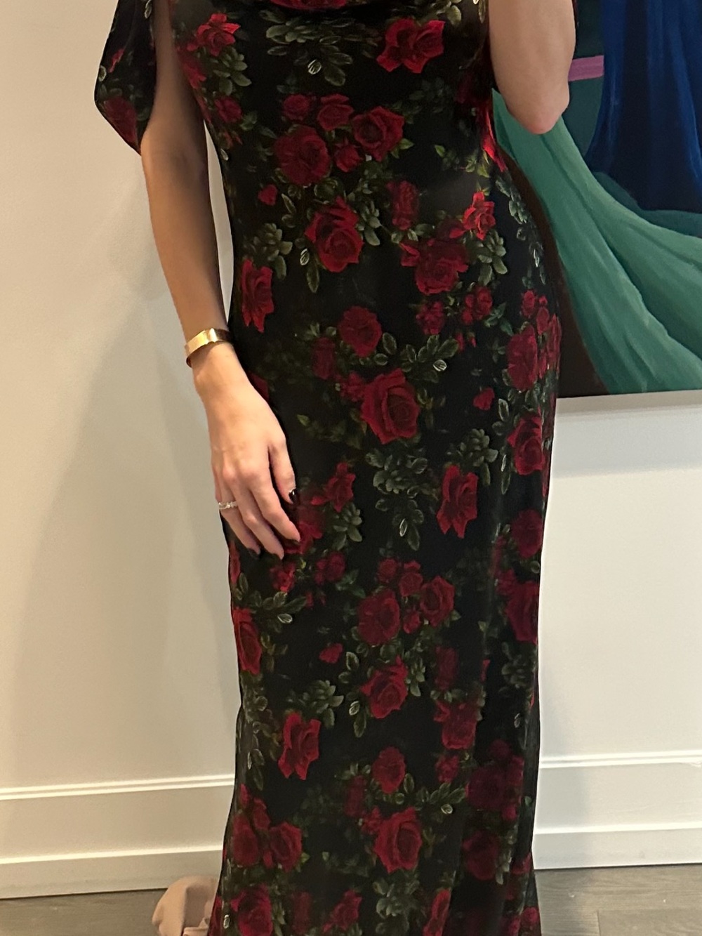 L'AGENCE Black Floral Maxi Dress with Red Roses - Picture 4 of 5